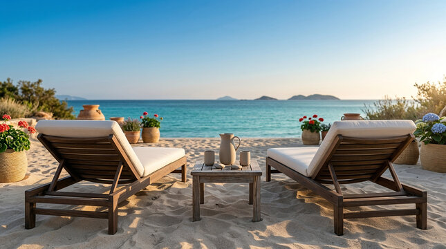Two wooden lounge chairs on a sandy beach with flowers and sea view.