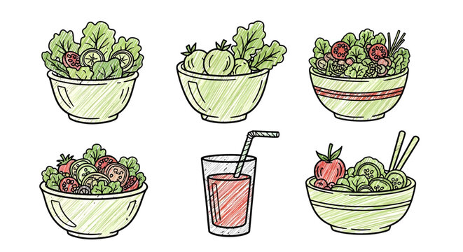 Hand drawn healthy salad bowls and fresh juice icons set