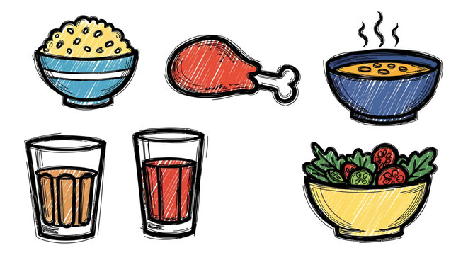 Hand drawn food vector icons set with meal soup chicken salad and drink