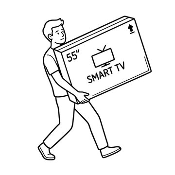 Man carrying a large smart TV box while walking on a white background  