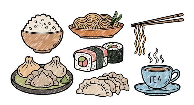 Hand Drawn Asian Food Collection Featuring Delicious Sushi Noodles and Tea