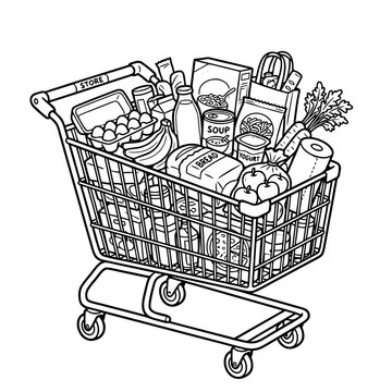 Shopping cart filled with groceries, fruits, and beverages on display  