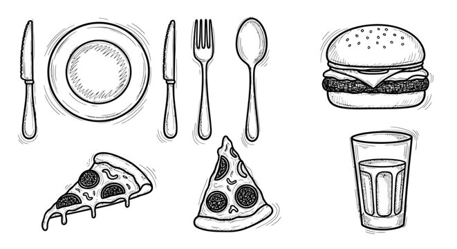 Hand-drawn fast food icons and restaurant dining cutlery set