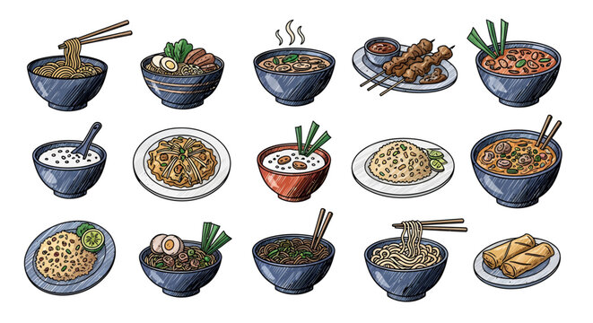 Collection of delicious Asian cuisine and noodle soup bowls hand drawn