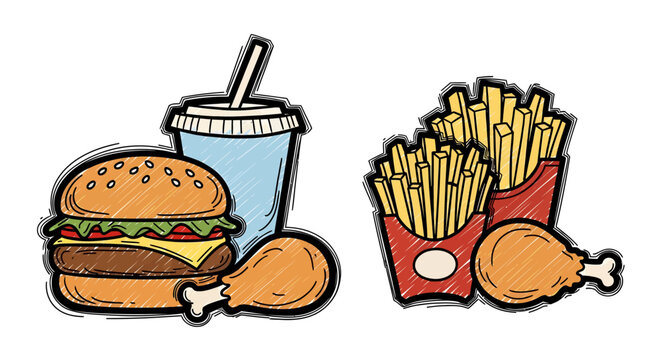 Hand Drawn Illustration Featuring Delicious Fast Food Meal Set and Snacks