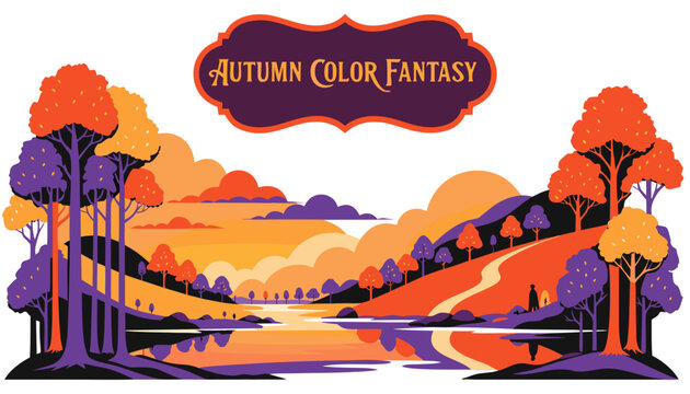 Very beautiful realistic vector illustration of an ORANGE & PURPLE TREES LANDSCAPE featuring a bold d&eacute;cor label reading "AUTUMN COLOR FANTASY", vibrant orange and purple trees surrounding peaceful 