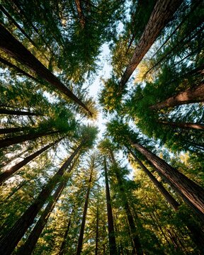 Looking up through a canopy of towering redwood trees towards the clear sky, bathed in warm sunlight