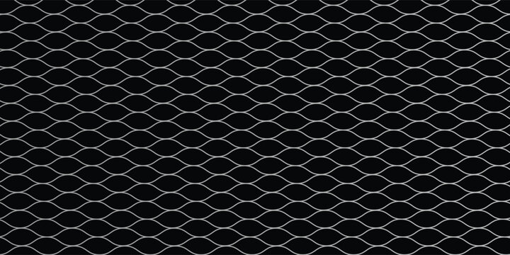 Fishing net seamless pattern. Soccer and football gates mesh. Fishnet texture. Basketball hoop and hockey net pattern. Sportswear texture. Chain link fence. Vector illustration on black background.