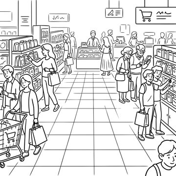 Shoppers browsing products in busy grocery store for Black Friday  