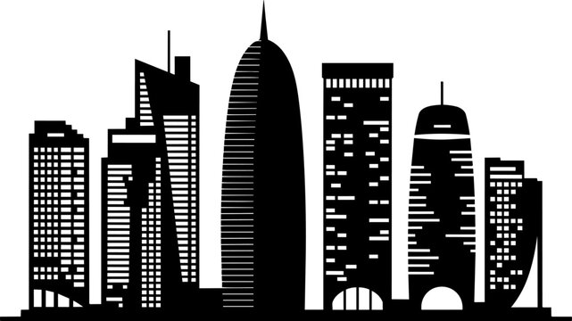 Doha skyline silhouette featuring iconic modern skyscrapers of the west bay business district in Qatar as a black vector stencil and tower in outline