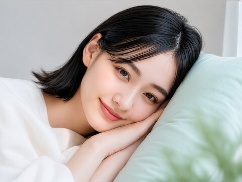 Smiling Young Woman Resting on a Pillow in Soft Natural Light