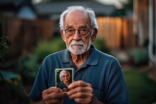 Elderly man holding old photograph in backyard garden, reflective portrait of senior male with glasses