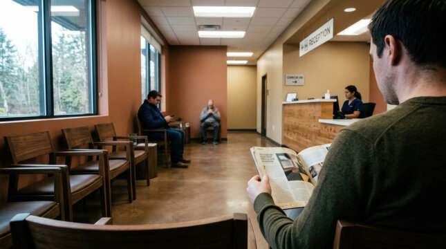 Modern Medical Waiting Room With People Sitting Patiently Reading