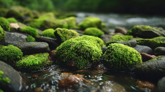 Mossy rocks in a flowing stream. Serene and lush green moss covers the dark rocks as water trickles over them in a natural woodland setting