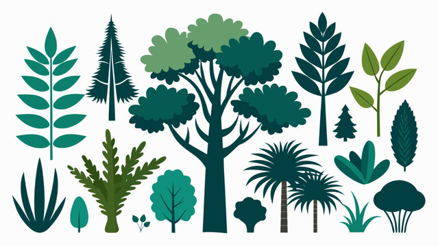 Silhouette collection of various trees and leaves on white background. Set of botanical icons including pine, palm, oak, maple, willow, cactus, fern, and foliage for nature design projects. vector