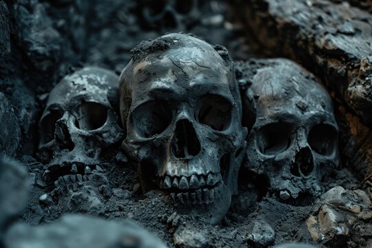 Scary human skulls pile on dark cemetery background for halloween or dia de muertos banner