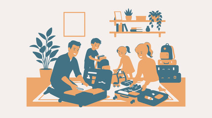 Fototapeta premium Happy family packing suitcases for summer vacation trip. Parents and children preparing luggage at home for travel adventure. Holiday preparation concept.