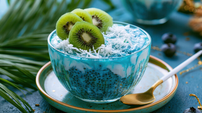 colorful blue spirulina chia seed pudding in a bowl