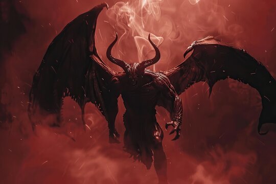 Sinister devil is in hell with dramatic bright fire lighting