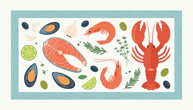 Decorative frame filled with fresh seafood delicacies like lobster, salmon, shrimp, and mussels mixed with herbs and citrus for cooking.