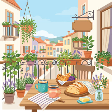 Colorful European town square with outdoor caf seating and umbrellas.