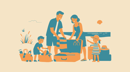 Fototapeta premium Happy family packing suitcases for a summer vacation trip. Parents and children preparing luggage for holiday travel by the sea or beach. Flat vector illustration.