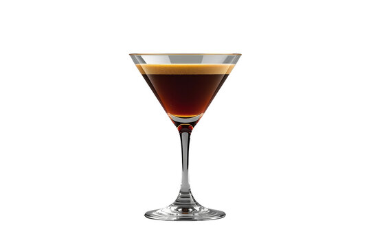 Espresso martini cocktail in a clear glass creating a delicious blend of coffee and alcohol, with a frothy cream top, transparent background cutout