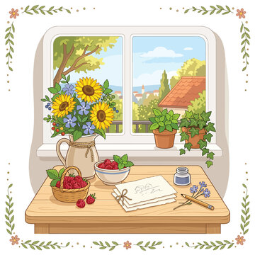 Colorful flower arrangement on wooden table with artwork.