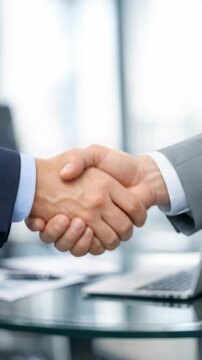 Two business professionals shaking hands during a meeting.