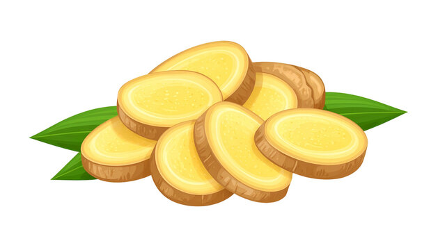 Sliced ginger root atop two green leaves against a black backdrop