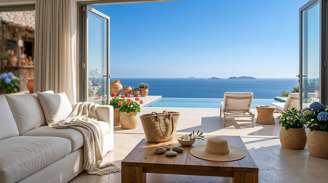 Luxury mediterranean villa living room with open doors overlooking the sea and pool.
