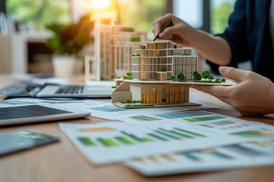 Hands arranging a scale model of a modern multi-story mixed-use building with rooftop gardens and trees on a desk surrounded by charts, laptop and warm sunlight, focused creative mood