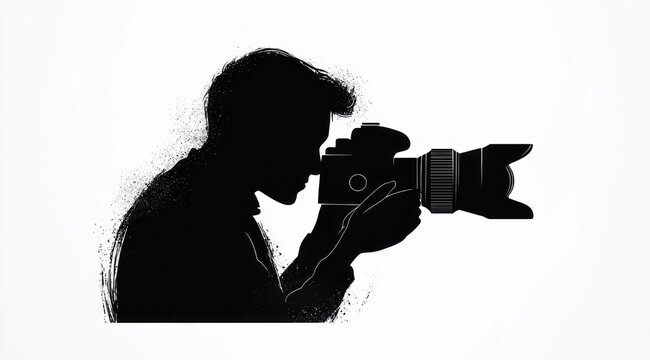 silhouette of a focused photographer with a pixelated face holding a camera and telephoto lens in a high-contrast black and white splatter graphic, conveying concentration and intensity