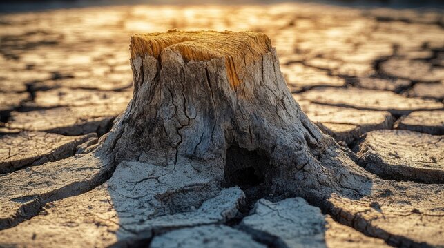 weathered tree stump rising from cracked parched earth at golden sunset, a lonely scene of desolation and quiet resilience