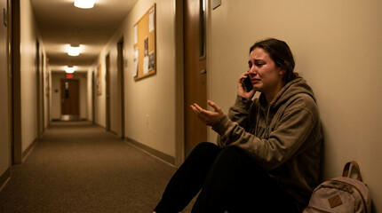 Fototapeta premium Crying female college student experiencing severe burnout and student mental health crisis while weeping on a dark dormitory hallway floor