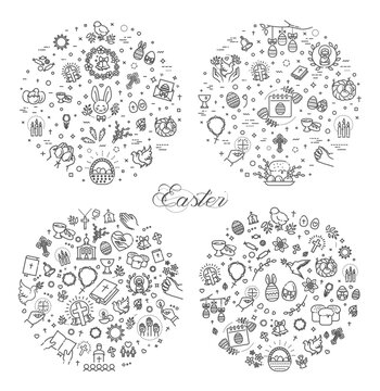 Easter Line Icons Set in Circle Composition. Spring Holiday Symbols Collection