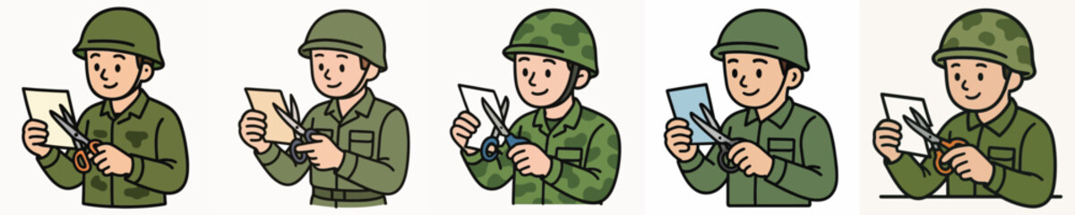 Fototapeta premium Set of vector illustrations of a soldier cutting paper.