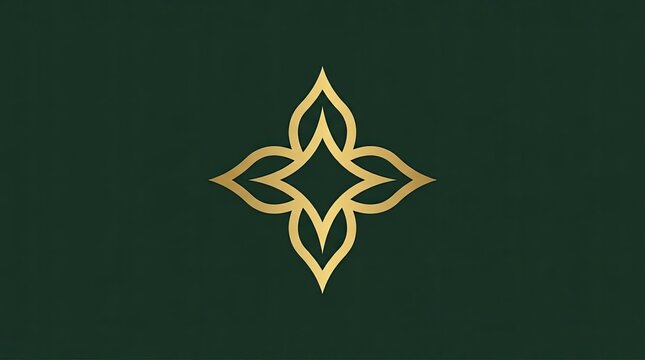 Gold symmetrical floral ornament logo on green.