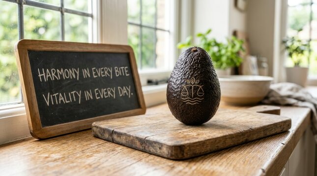 Avocado sits on a wooden cutting board in a sunlit kitchen