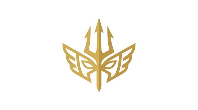 Gold trident with wings mythological logo emblem.