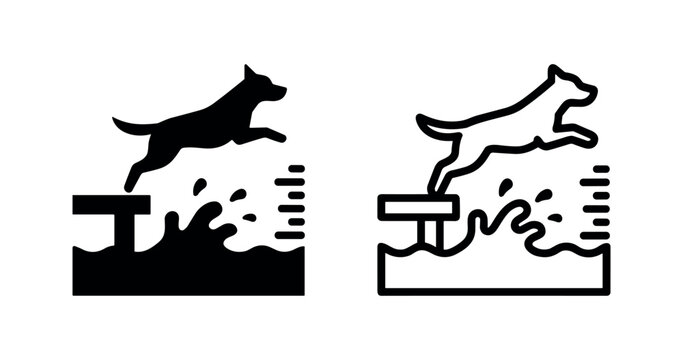 Dog Dock Diving Icon Set Solid and Outline Vector Illustration