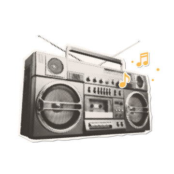 Retro boombox with musical notes halftone cutout collage element. Vintage cassette player and radio sticker with dotted texture. Mixed media illustration on transparent background.