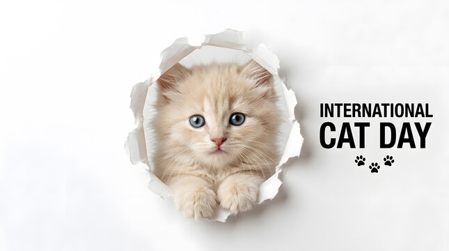 International cat day greeting card featuring cute fluffy kitten peeking through white torn paper hole with blue eyes and black paw print icons.