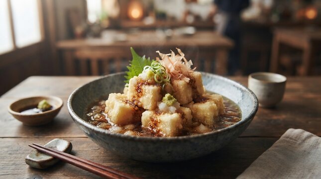 Agedashi tofu served in a ceramic bowl with dashi broth