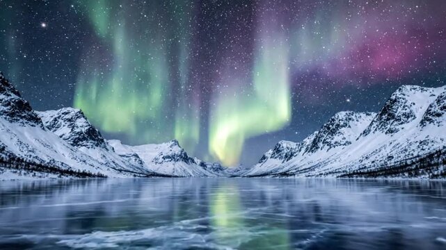 Aurora Borealis Over Icy Fjord: A breathtaking display of the Aurora Borealis illuminates the night sky with vibrant green and purple hues, casting an ethereal glow over a serene.