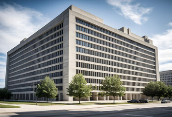 Obraz premium Large concrete government building with many windows and trees along a street on a sunny day, a large concrete government building stands prominently with numerous windows