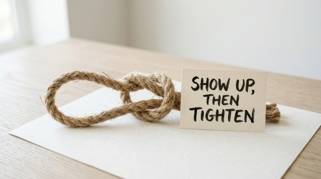 Rope knot with motivational message showing up then tightening