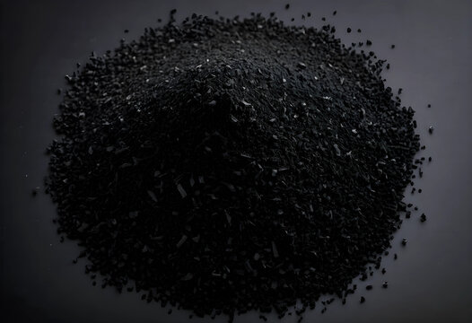 Pile of activated carbon granules on a dark background, filtration and purification material for water and air