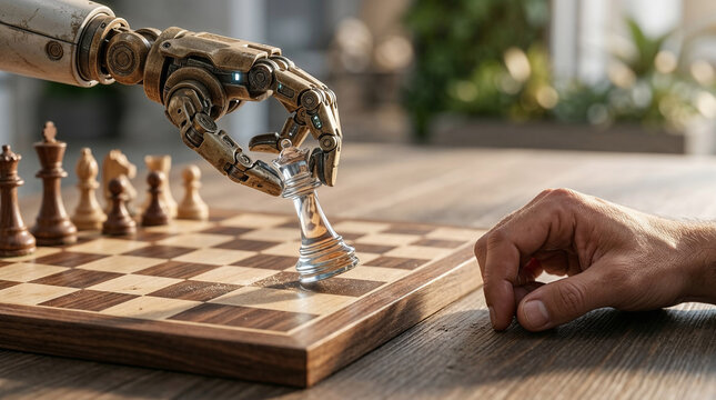Robotic hand of artificial intelligence playing chess with a human hand on a wooden board.