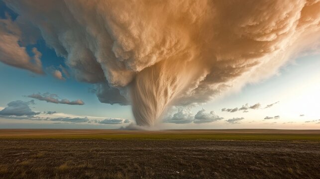 Massive supercell thunderstorm with a visible funnel cloud forming over a vast, flat landscape
